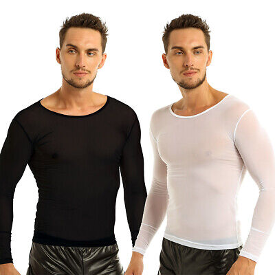 US Men Muscle T-Shirt Casual Long Sleeve Tee Top See Through Undershirt Clubwear