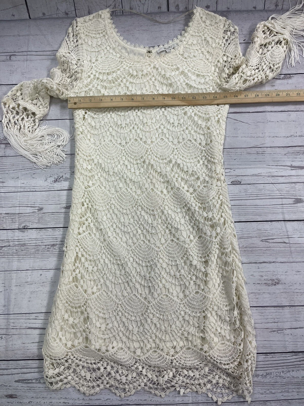 OFF WHITE Abito donna Miss Me Off bianco pizzo frange manica lunga taglia small MDD063L