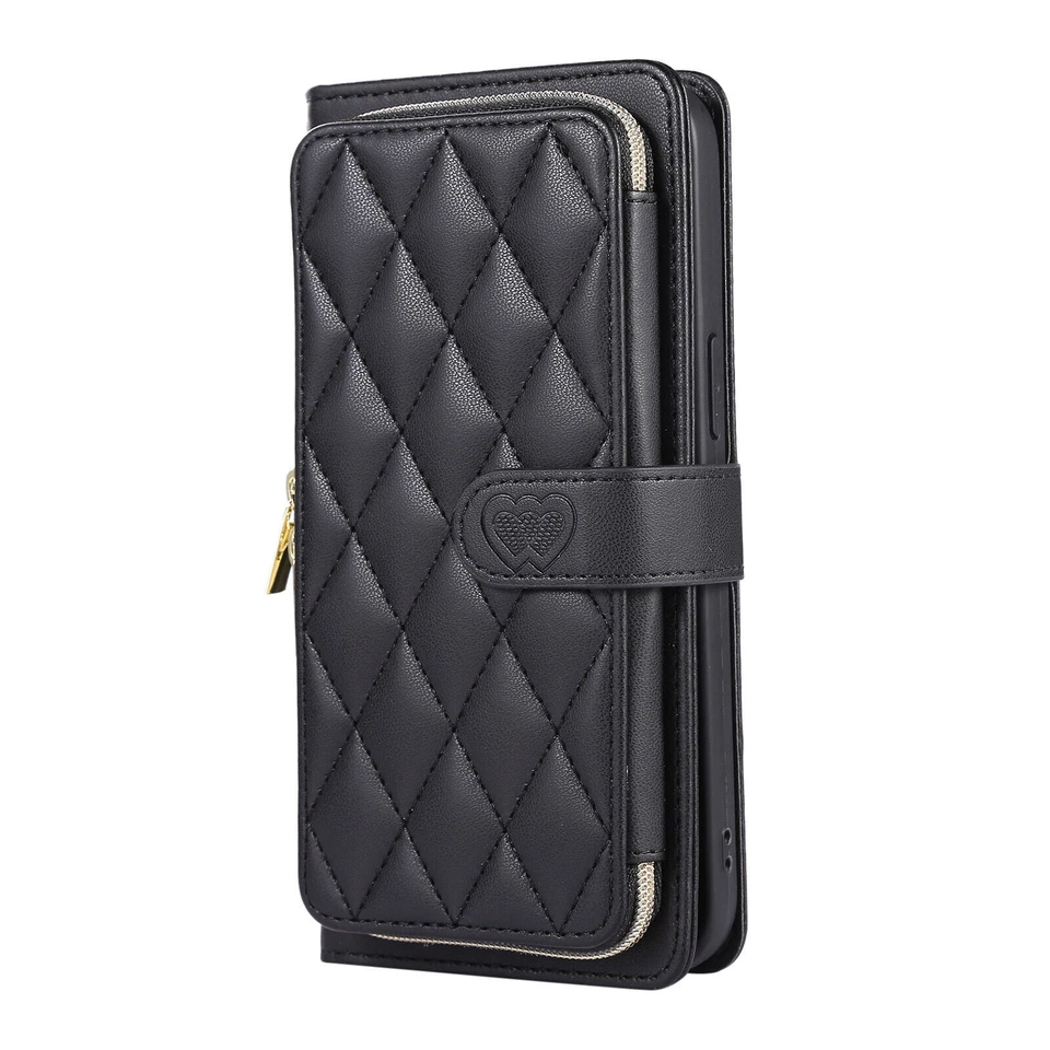 Grid Leather Wallet Zipper Phone Case For iPhone 11 12 13 14 15 Pro Max XR 7 8 - Image 3 of 4
