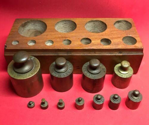 Antique Apothecary Weight Set Grammes 11 Units In Wooden Block Complete French - Picture 2 of 8