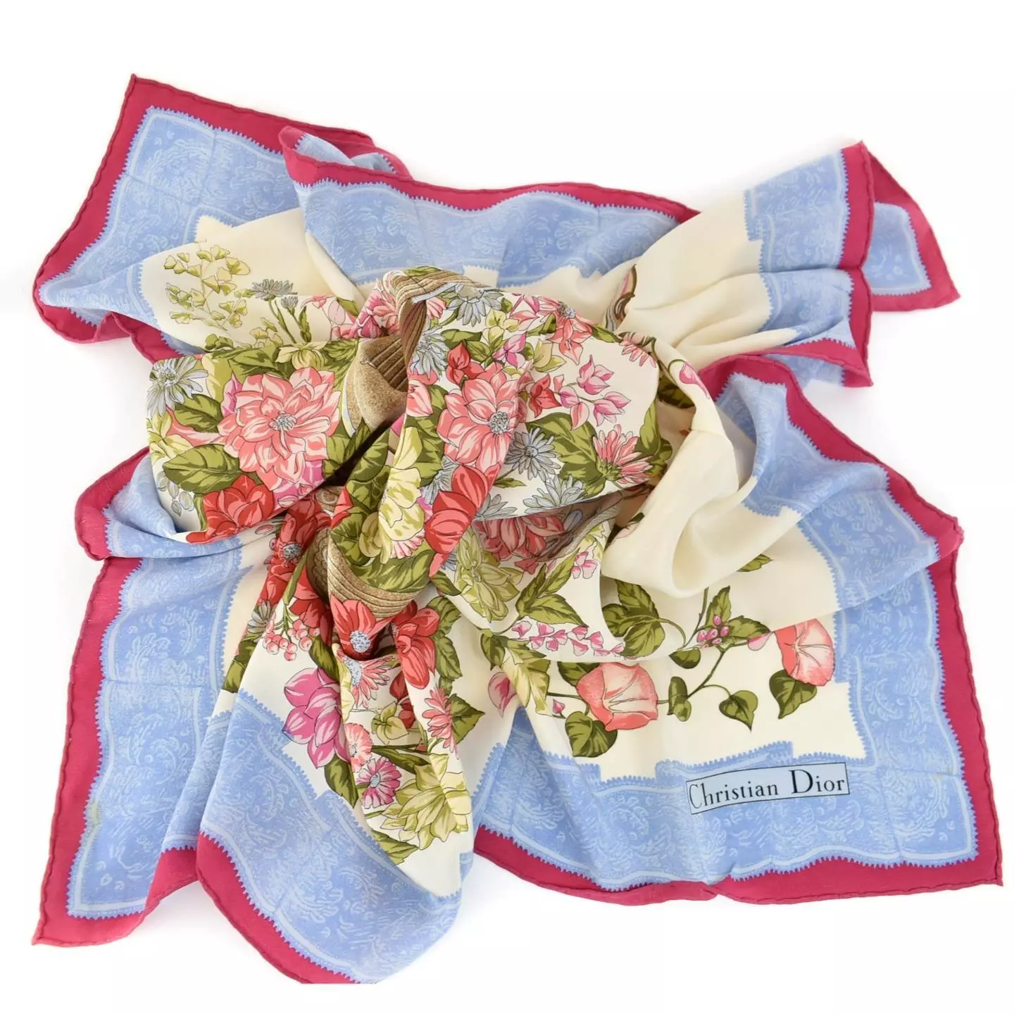 DIOR : Écharpe/foulard logo multicolore, « Fleurs & Luttes » 100 % soie 33 » x 33 » (nw)