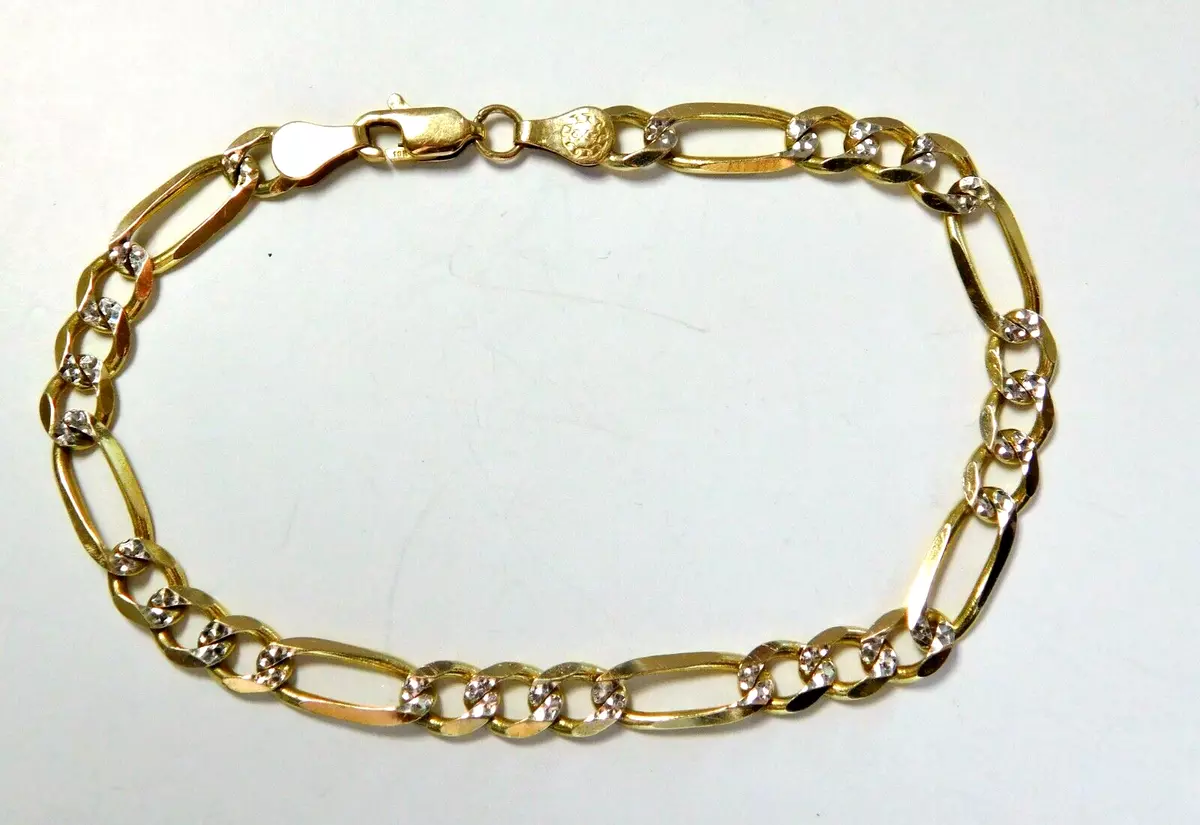 L K Sparkly Solid 10K 2 Tone Yellow White Gold Figaro BRACELET