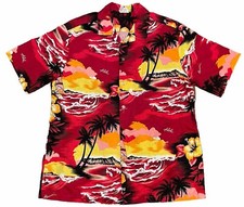 Vintage Mens XL Kalena Fashions Of Hawaii Hawaiian Shirt Red Waves Sun Floral