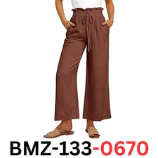 ANRABESS Women Linen Casual Loose High Waist Boho Wide Leg Cropped Beach Pants M