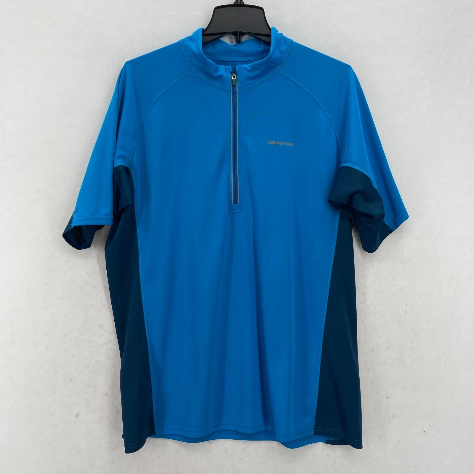 Patagonia Half Zip Short Sleeve Shirt XL Blue Mock Neck Lightweight Hiking Camp