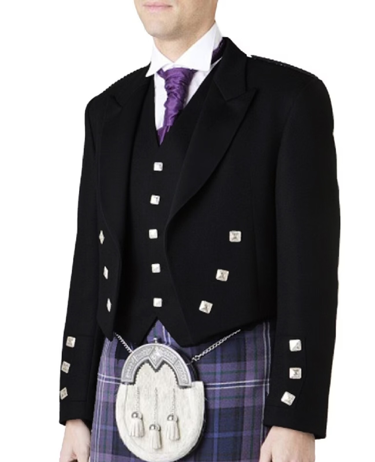 Chaqueta Prince Charlie Escocesa Negra Para Hombre Y Chaleco Con 5 Botones