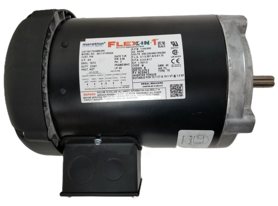 Marathon Motor 056T11F15542 Flex-In-1 3/4HP 1140/950 RPM 60/50Hz 3Ph NEW - Image 2 of 4