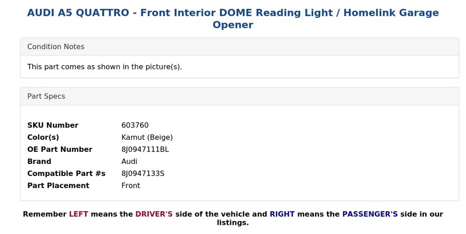 AUDI A5 QUATTRO - Luz de lectura interior delantera DOME / Abridor de garaje Homelink Foto 3 de 4