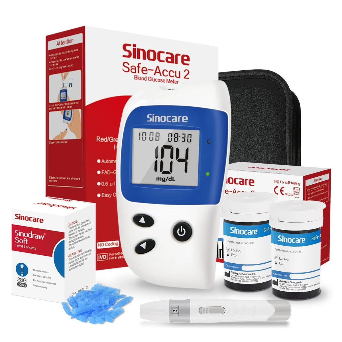 Sinocare Safe-Accu2 kit para medir la glucosa en sangre con 50 tiras reactivas