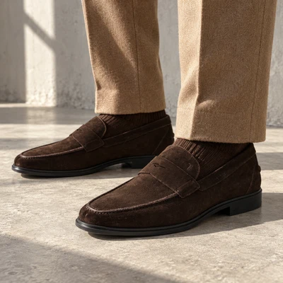 TODS Penny Loafers Hombre US 9 EU 42 Marrón Oscuro Gamuza Suela Goma Mocasín - Imagen 1 de 4