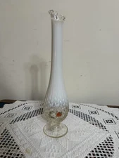 Fenton white opalescent, hand-painted "Strawberry" pattern swung bud vase Signed