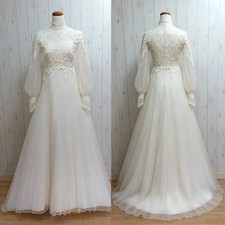 Wedding Dresses Lace Applique Puff Long Sleeve Sweep Train A-Line Bridal Gowns
