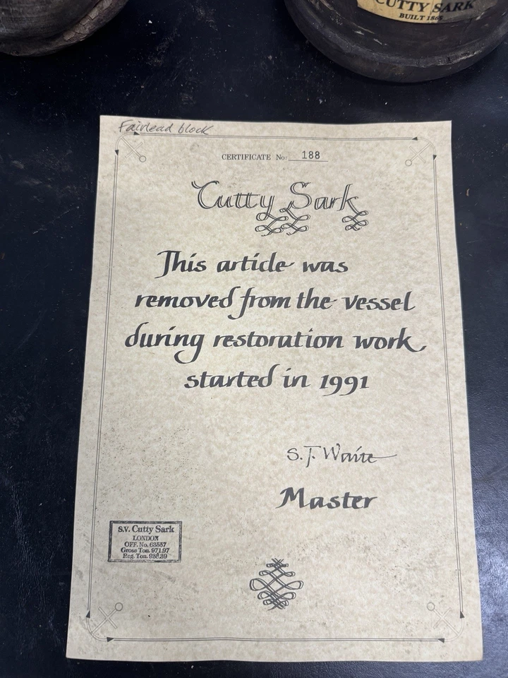 Auténtica teca Deadeyes del “Cutty Sark” con certificado de autenticidad 1869 Foto 2 de 4