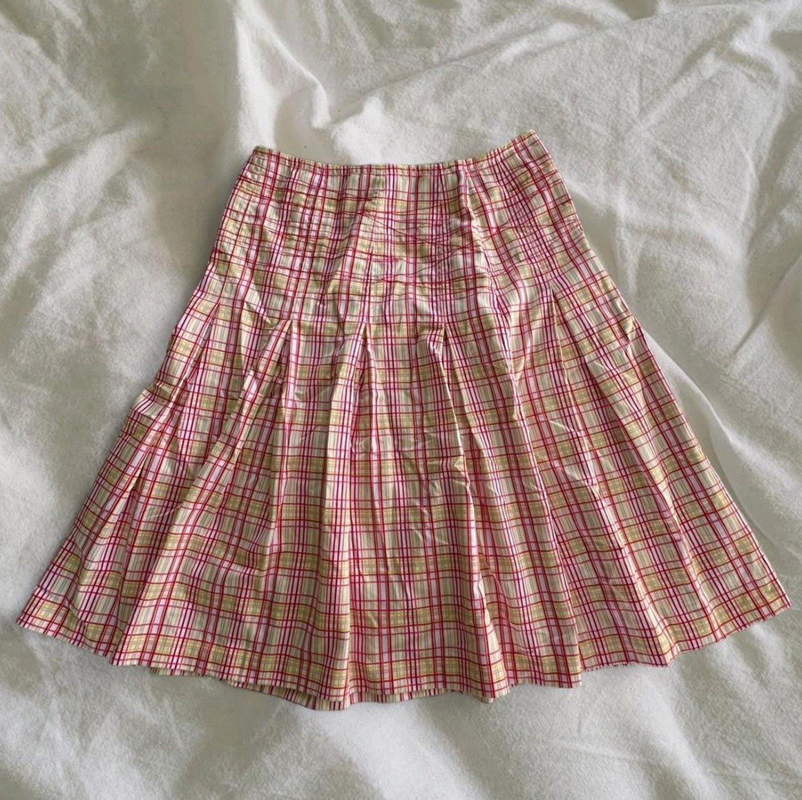 L.E. Skirt Womens 8 Pink Yellow Plaid Pleated Cotton A-Line Knee Length Preppy