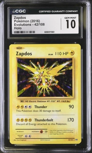 CGC 10 Zapdos 42/108 Holo XY Evolutions Pokémon Card