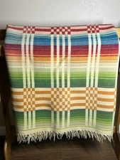 Vintage MEXICAN WEDDING BLANKET Handwoven WOOL Colorful  60”X 38”