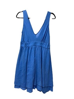 VTG Moda International S Blue Gauzy Cotton Sun Dress Tiered Flowy V Neck Flirty