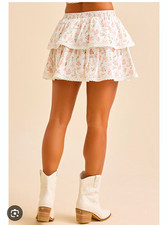 Altar'd State White Floral Tiered Ruffle Lace Trim Mini Skirt. Size M