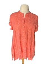 Johnny Was Top Blouse XL Coral Lace Eyelet Short Sleeve Embroidered Tunic