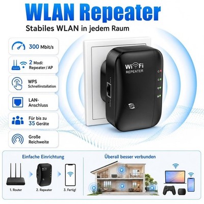 WLAN Repeater 2,4GHz WiFi Extender Booster 300Mbit/s mit AP Modus LAN Port