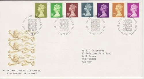 GB Stamps First Day Cover Definitive, Machin seven values 6p to 39p SHS 1991