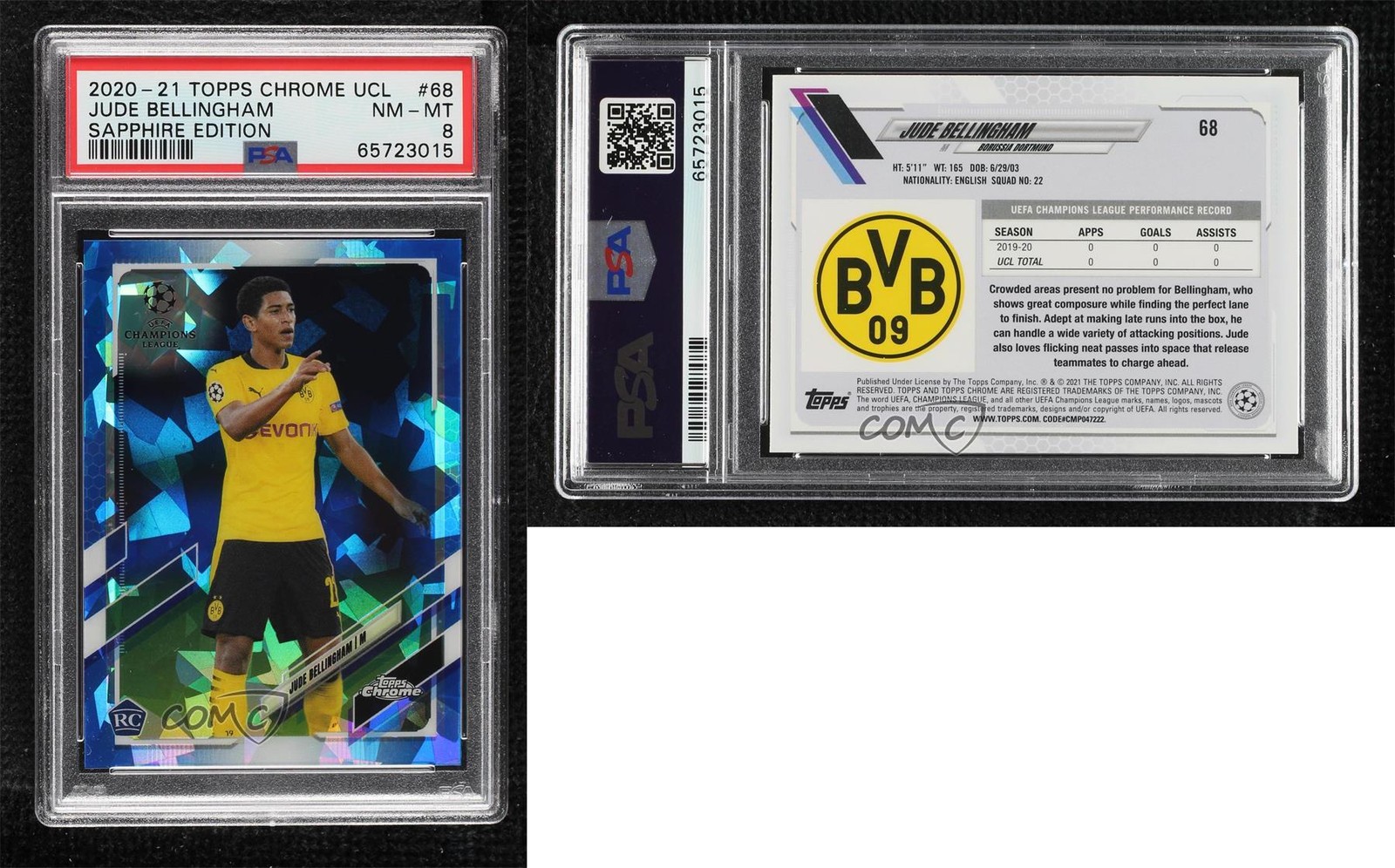 2020 Topps Chrome UEFA Champions League Sapphire Jude Bellingham PSA 8 Rookie RC view 3