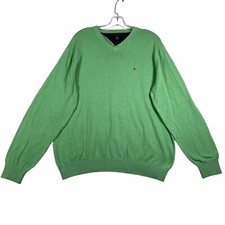 Tommy Hilfiger Mens Sweater Size L Green V Neck Pullover Long Sleeve Logo Flag