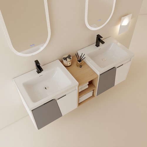 60" Bathroom Vanity Wall Mounted Cabinet Sink Basin /Doors with Storage Shelves - Picture 3 of 12