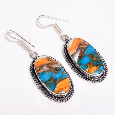 Oyster Turquoise Vintage Style Handmade .925 Silver Plated Earrings 2'' GSR-3540
