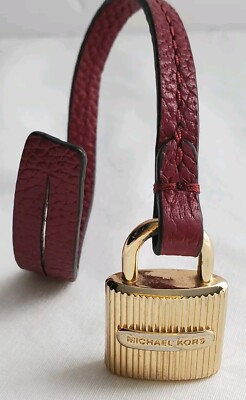 MICHAEL KORS Gold Tone Lock Red Pebbled Leather Strap Fob Bag Charm Hang Tag