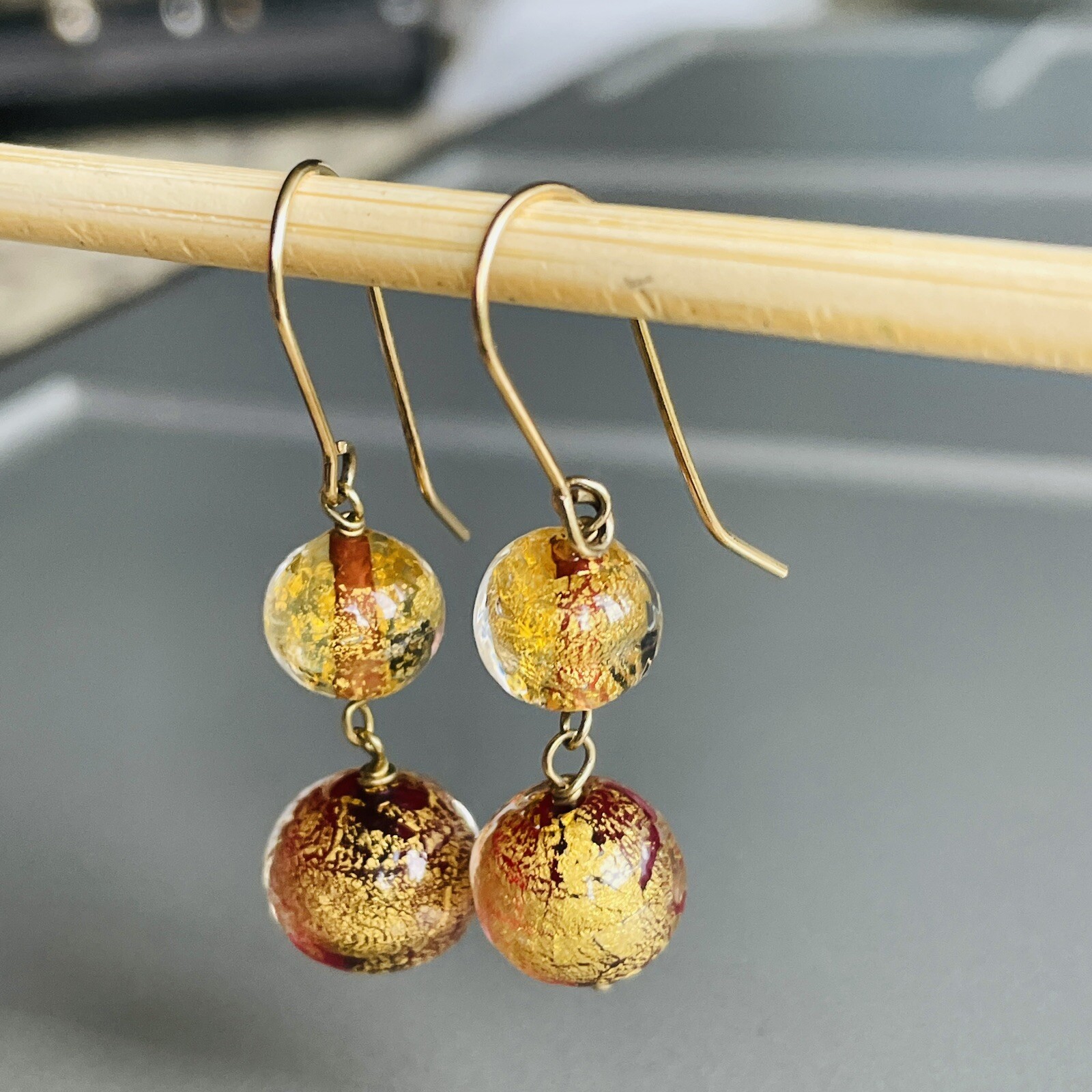 14k Gold Estate Murano Glass Dangle Drop Earrings MA … Gem