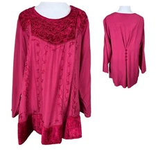 Soft Surroundings Tunic Top Womens Petite Medium Pink Velvet Embroidered Buttons