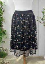 Black Embroidered Flower Knee Length Skirt Fairycore Formal Romantic Airy Large