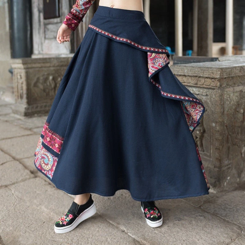 Femme Ethnique Lin Coton Jupe Hippie Vintage R tro D contract Maxi Longueur