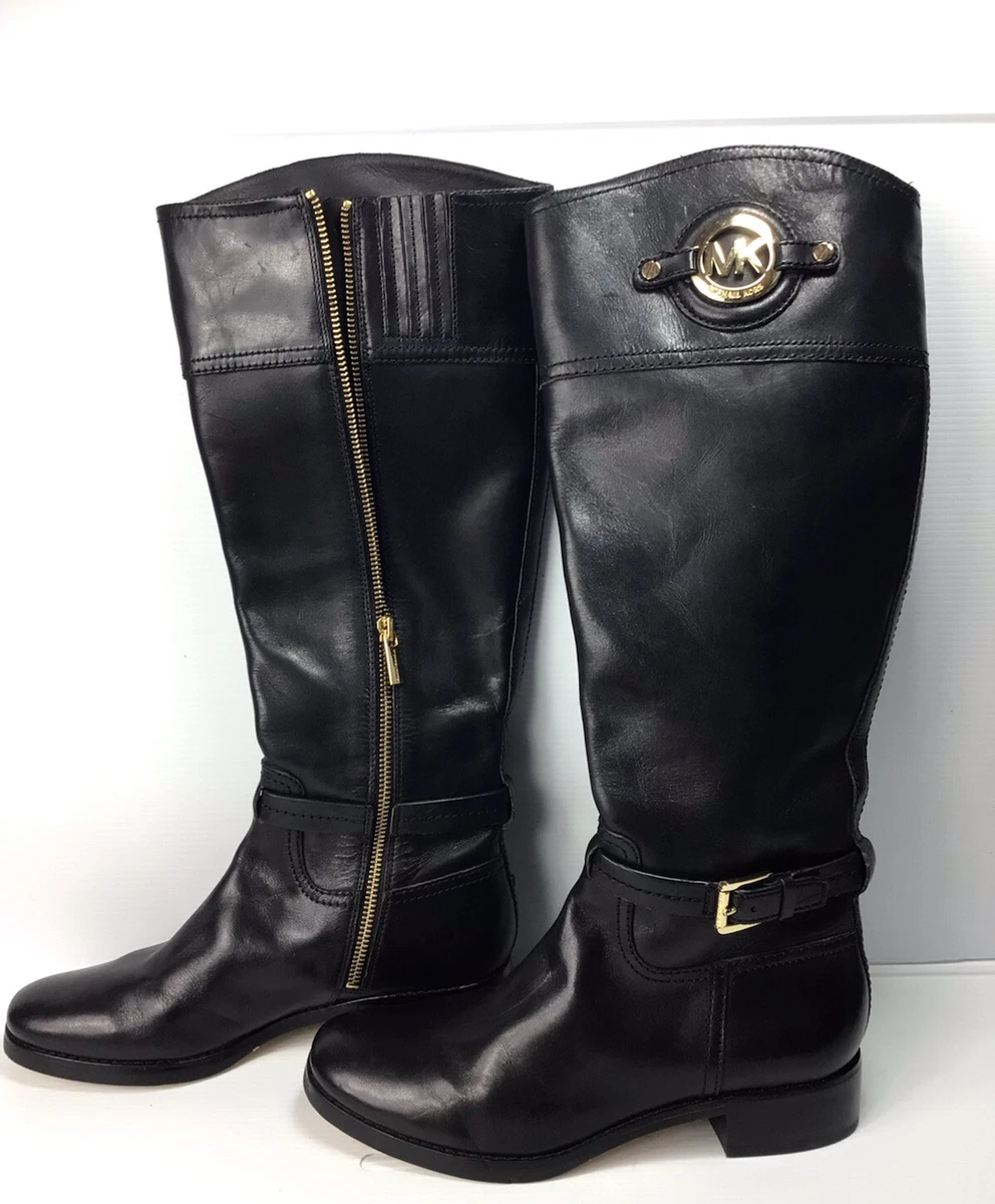 Michael Kors BRYCE TALL Black Leather Gold MK LOGO Boots Size 7