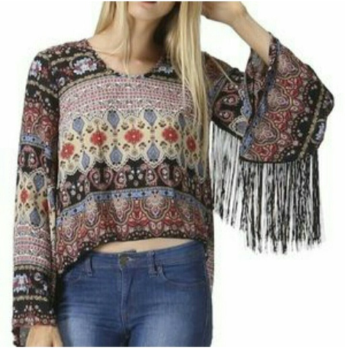 Womens Floral Paisley Top Flared Fringe Sleeves Boho Free Spirit Hippie Western
