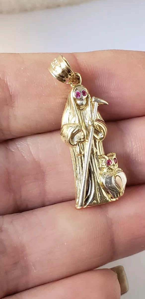 Big real 14k yellow Gold santa muerte grim reaper pendant angel of death  2.75