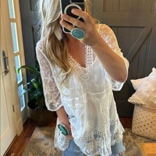 M New White Lace Crochet Boho Tunic Blouse Top Deep V-Neck Womens MEDIUM / OS