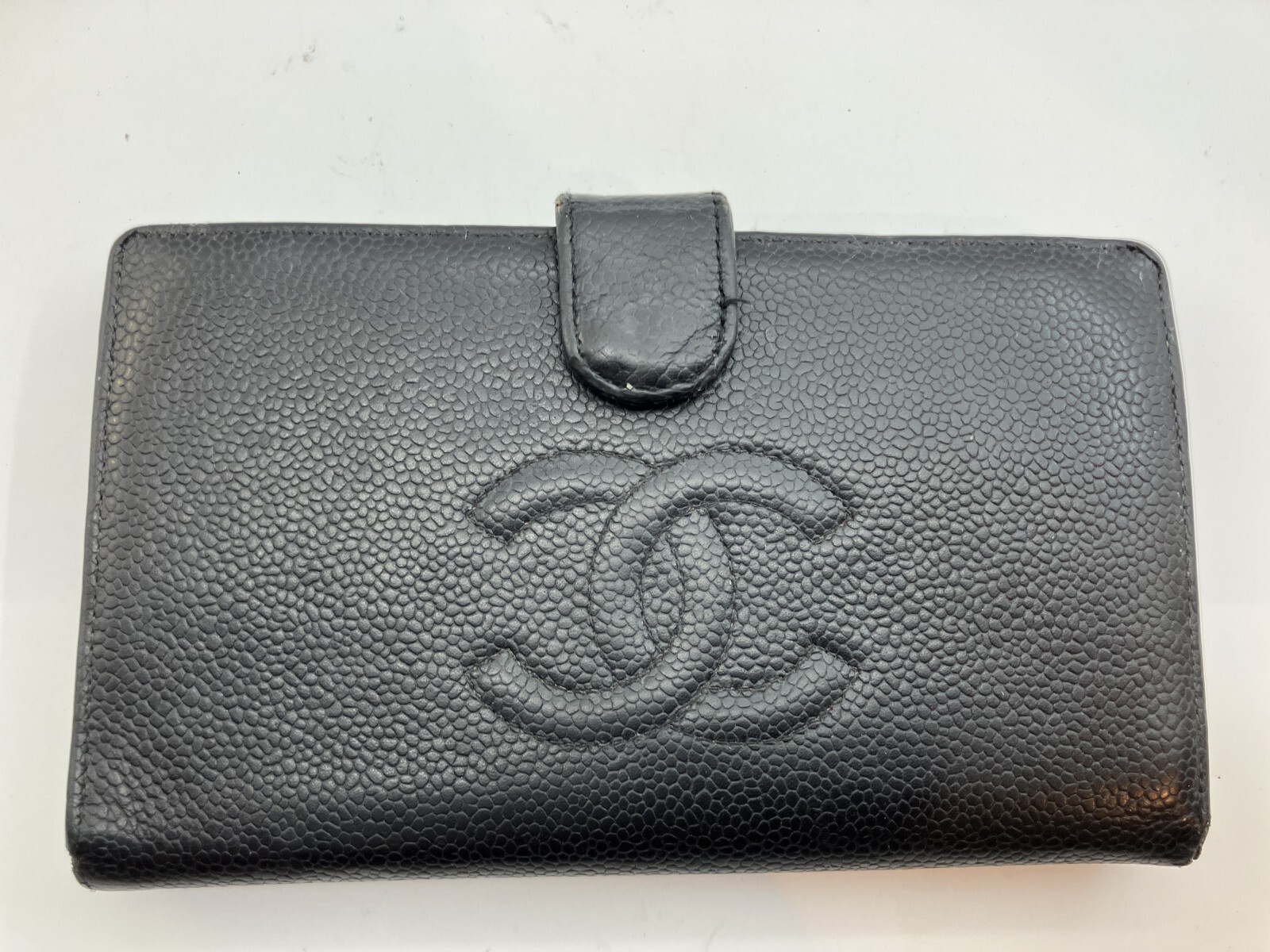 CHANEL Black Caviar Leather Bifold Long Wallet w/ Coin Purse 17.5 × 10 cm 6...