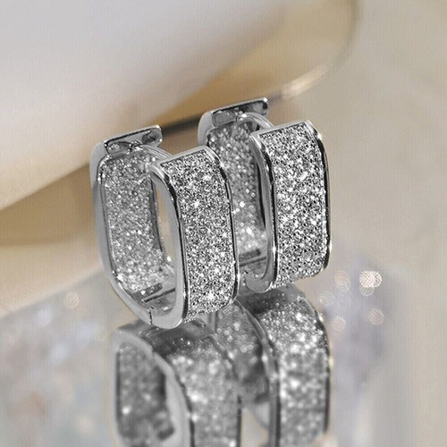 Womens Fashion Earrings Engagement Square Zircon Hoop Huggies Earrings Girl Gift - Picture 3 of 7