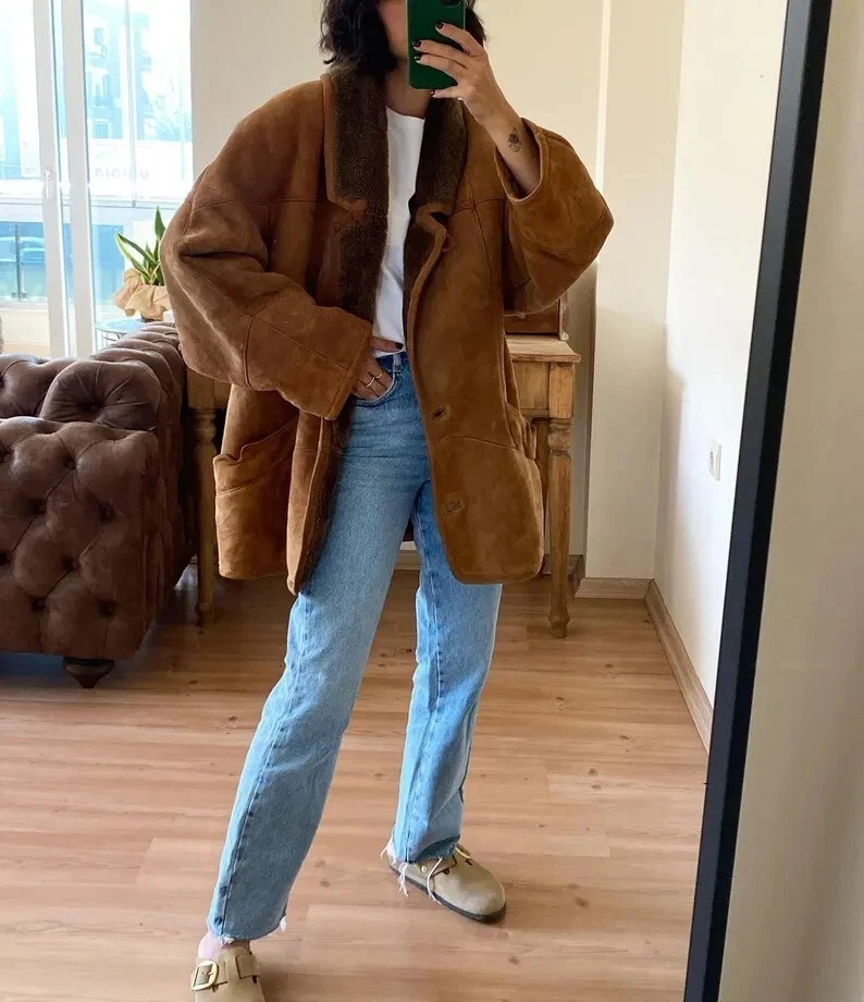 Abrigo de piel de oveja vintage chaqueta de cuero gamuza marrón forrado de piel de gran tamaño cálido Foto 4 de 4