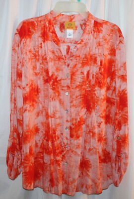 Ruby Rd.  Orange Tie Dye Flirty Boho Long Tab Sleeve Stretch Blouse - Size L