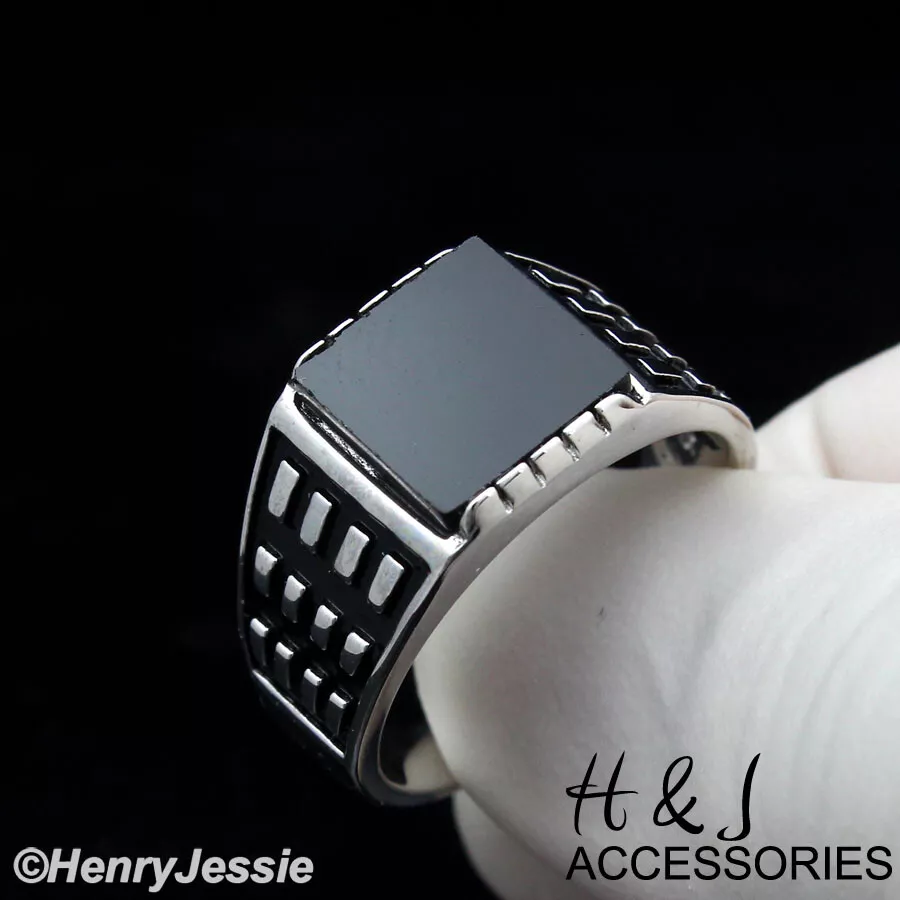 BIKER MEN 925 STERLING SILVER BLACK ONYX SQUARE RING SIZE8 12 ASR155