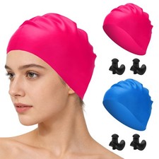 Silicone Swim Cap Set with Earplugs, 9.1 x 7.9"  2 Set  Sky Blue/Rose Red