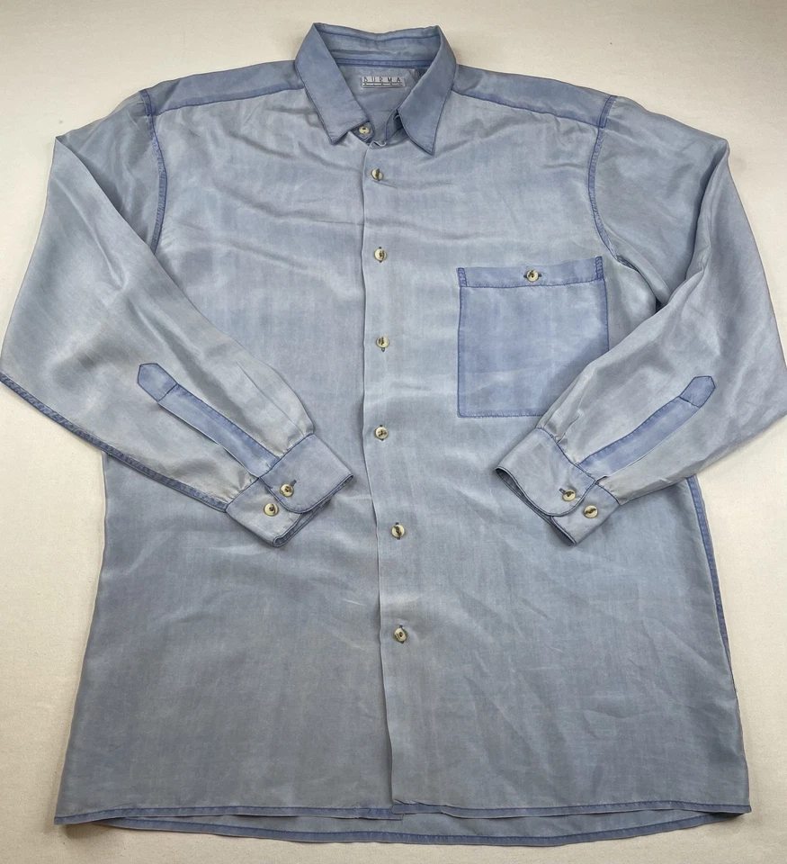 Burma Bibas Shirt Men's Medium Blue Button Down long Sleeve Silk Pocket - Image 4 of 4