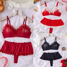 Womens Lingerie Lace Bra and Mini Skirt 2 Piece Set Babydoll Underwear Sleepwear