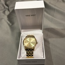 Nine West Women's Gold-Tone Sunburst Dial Quartz Bracelet Watch Arabic Box