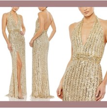 Mac Duggal 5759 Evening Dress ~ Halter Strap Trumpet Gold Sequined Gown Size 16