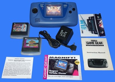 WORKING Blue Sega GAME GEAR System Bundle WITH WARRANTY Games and Power Supply