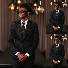 Prom Men's Suits Eevening Beading Glitter Jacket Black Graduation Party Coat